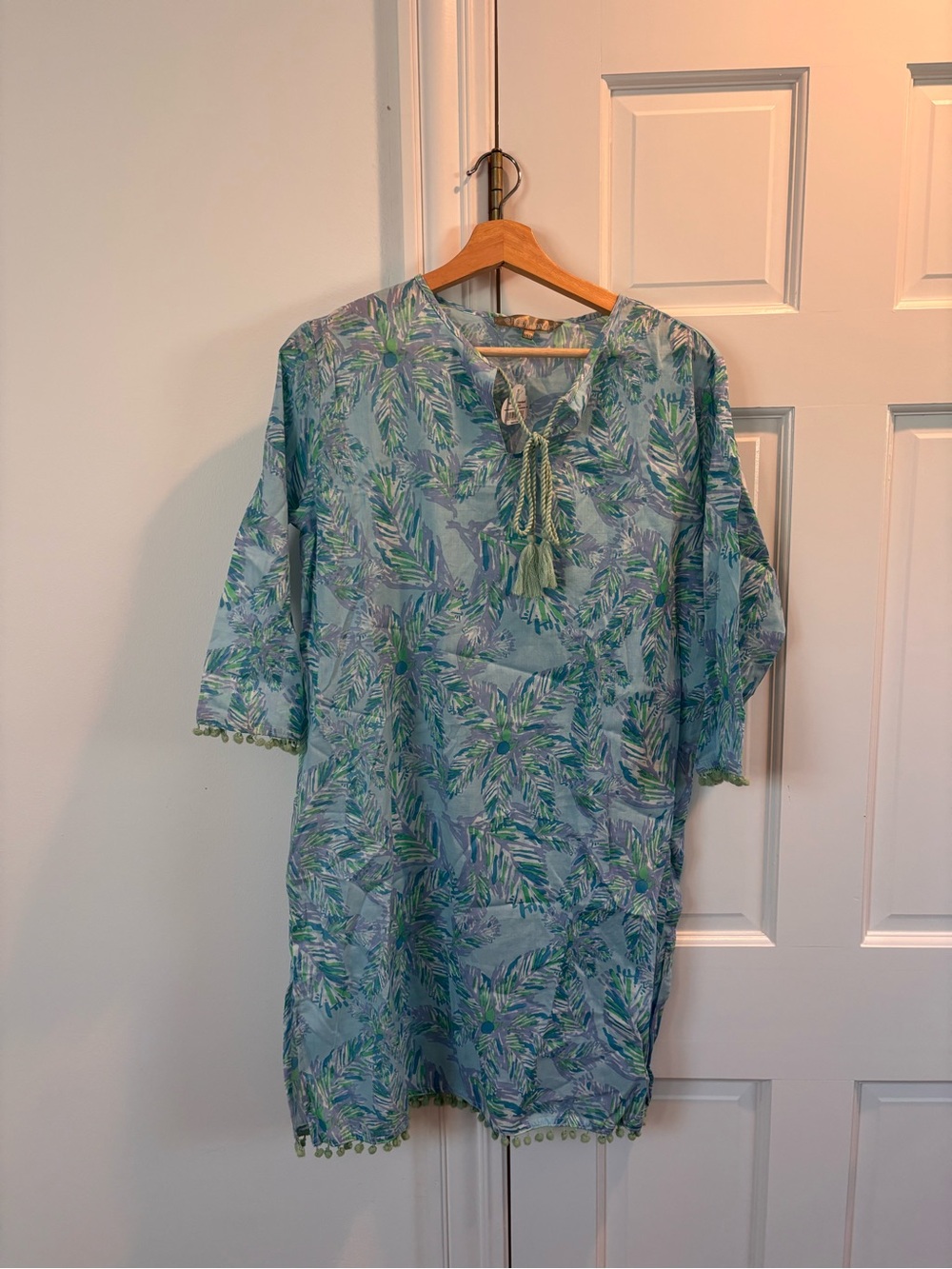 Light Blue Tropical Leaf Mini Dress with Tassel Tie